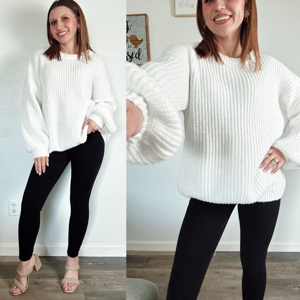 Elegant White Crew Neck oversized knit  statement sleeve Sweater size large